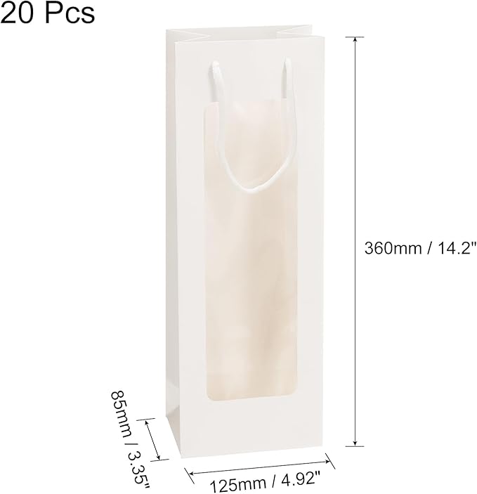 uxcell Wine Bags, 20pcs 4.92"x3.35"x14.2" Wine Gift Bags with Rope Handles, Paper Wine Tote Bag with Clear Window for Wedding Birthday Christmas Party Supplies, White