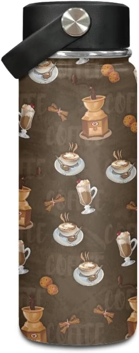 Coffee Print Insulated Water Bottle 20 Oz Stainless Steel Leak Proof Vacuum Easy to Clean Lightweight Keeps Cold and Hot Great for Travel Hiking Biking Running