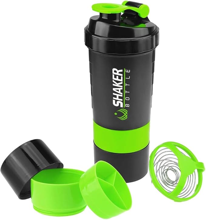 Protein Shaker Bottle,16 oz Shake Cup for Protein Powder with Storage,Sports Water Bottle,Non Slip 3 Layer Twist Off 3oz Cups with Pill Tray Leak Proof Shake Bottles for Protein Mixes