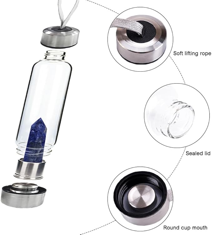 Crystal Glass Water Bottle,Water Bottle With Gemstone Center Crystal Elixir Bottle,Removable Gemstones Creative Water Cup Crystal Column Magic Wand Energy Cup for Gifts (G-Blue Stone)