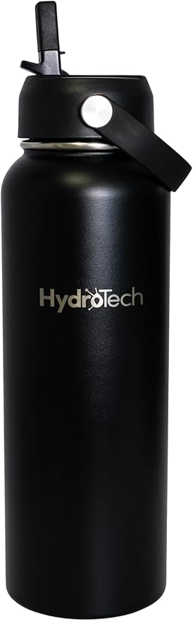 HydroTech Stainless Steel Leak Proof Water Bottle with Double Wall Insulation and 2 Lids (Straw Lid) - 40 OZ. (Black)