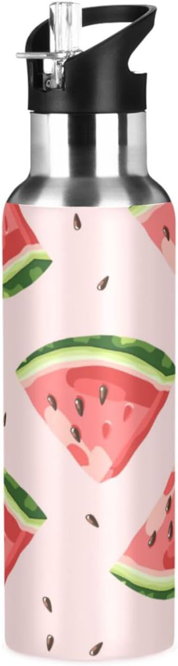 ALAZA Red Watermelons Water Bottle With Straw Lids Boys Girls,Vacuum Insulated Leakproof Stainless-Steel Sports Bottle Thermal Flask For Gym Yoga Camping,34Oz (1000Ml)