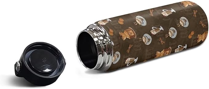 Coffee Print Insulated Water Bottle 20 Oz Stainless Steel Leak Proof Vacuum Easy to Clean Lightweight Keeps Cold and Hot Great for Travel Hiking Biking Running