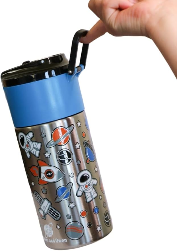 Kids insulated water bottle with straw and snack cup. Double wall stainless steel 14oz (blue and black astronaut)