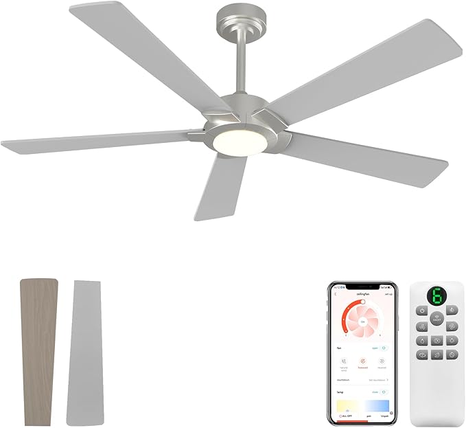 GESUM 52 Inch Smart Ceiling Fan with Light, Nickel Ceiling Fan with 5 Reversible Blades, Dimmable, 6 speed, 3CCT, Outdoor Ceiling Fan with Remote/App Control for Patio Kitchen Bedroom (Nickel)