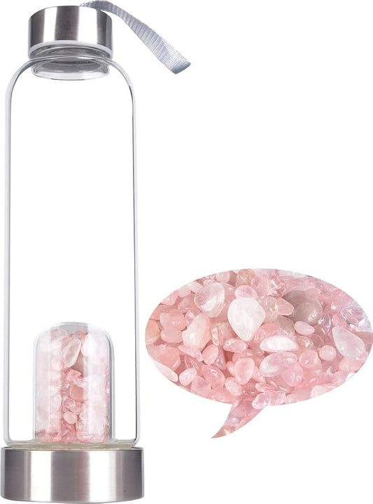 Crystal Glass Water Bottle, Glass Water Bottle with Changeable Natural Crystal Center, Quartz Gemstone Water Bottle for Natural