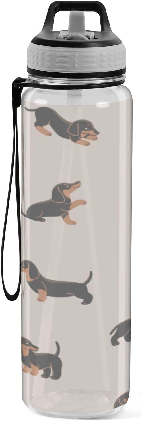 Kigai Cute Dachshund Dogs Clear Water Bottle with Straw Lid, BPA-Free Leakproof Sport Water Bottle 32oz Large Gym Water Jug for Men Women Travel Fitness Outdoor