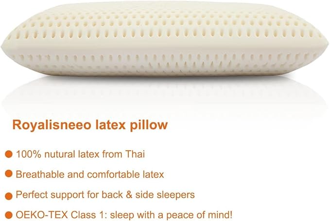 Royalisneeo 100% Talalay Natural Latex Pillow, Medium Support Bed Pillow Helps Relieve Pressure,Perfect Package Best Gift with Removable Cotton Cover for Back, Stomach and Side Sleepers