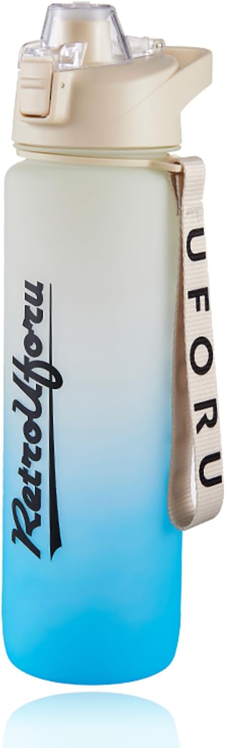 DEARART 32oz White&Blue Water Bottle With Motivational and Time Marker, BPA FREE Quick Drink No Straw, Easy Clean Suit Sports Office Gym School ect.