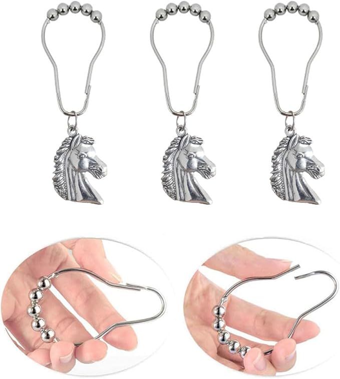 Horse Shower Curtain Hooks for Bathroom, Rustproof Stainless Steel Decorative Shower Curtain Rings with Zinc Alloy Horse Head Shaped Pendant Western Bathroom Decor 12PCS