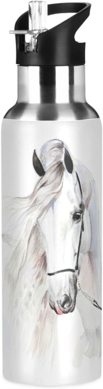 senya 20 Oz Water Bottle with Straw White Horse Stainless Steel Water Bottle for Traveling Sports Leakproof Insulated Water Bottle