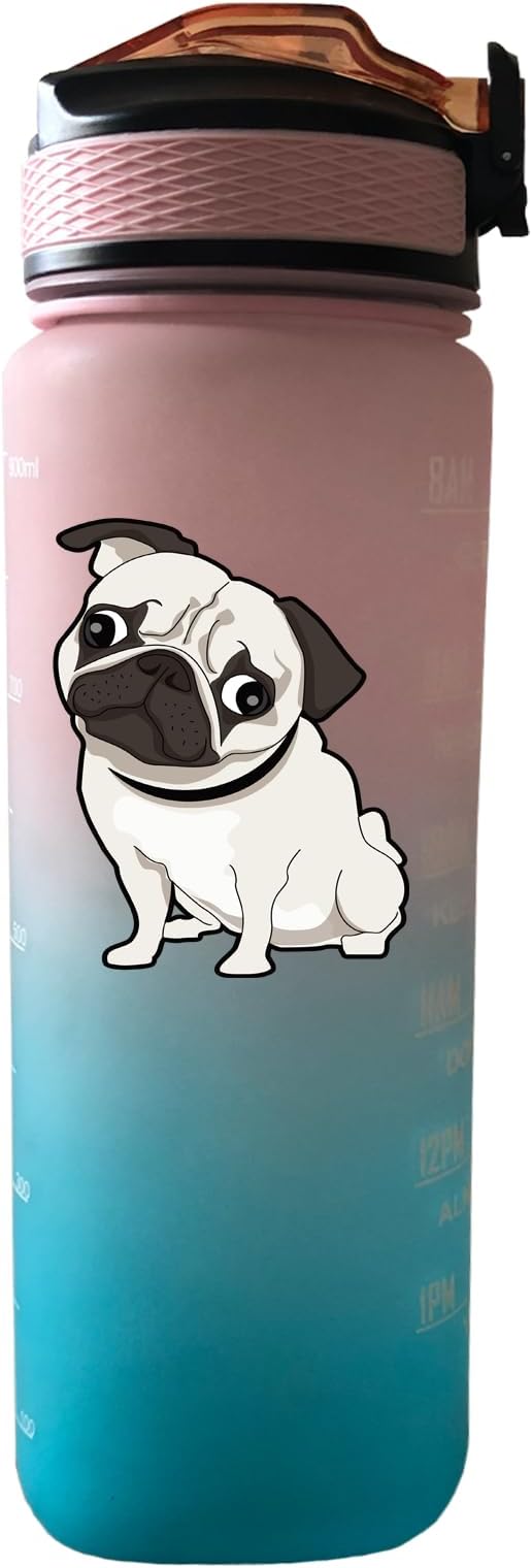 Pug Dog Themed 32 oz Water Bottle with Times Marker to Drink and Straw, Carrying Strap, Leakproof Tritan BPA-Free, Ensure You Drink Enough Water for Fitness, Gym, Camping, Outdoor Sports