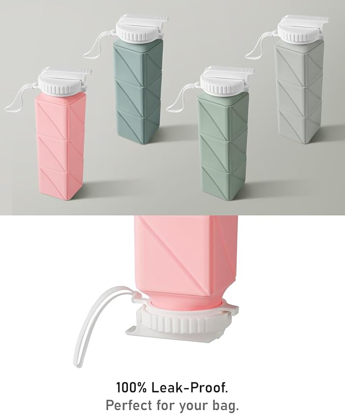 Opard Collapsible Water Bottles 21 Oz - BPA Free, Leak Proof, Foldable Silicone Collapse Water Bottle with Straw, Easy to Compact and Expandable, Travel Essentials Accessories (Green + Pink)
