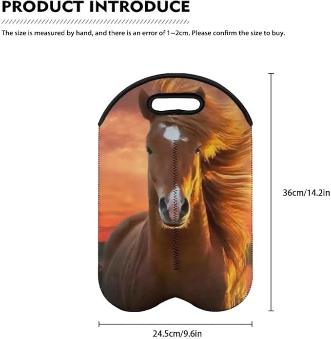 doginthehole 2 Bottle Wine Carrier Tote Horse Sunset Print Insulated Wine Cooler Bag Soft Portable Wine Bottle Carrier Neoprene Wine Tote Holder Insulated Cooler Protector Sleeve