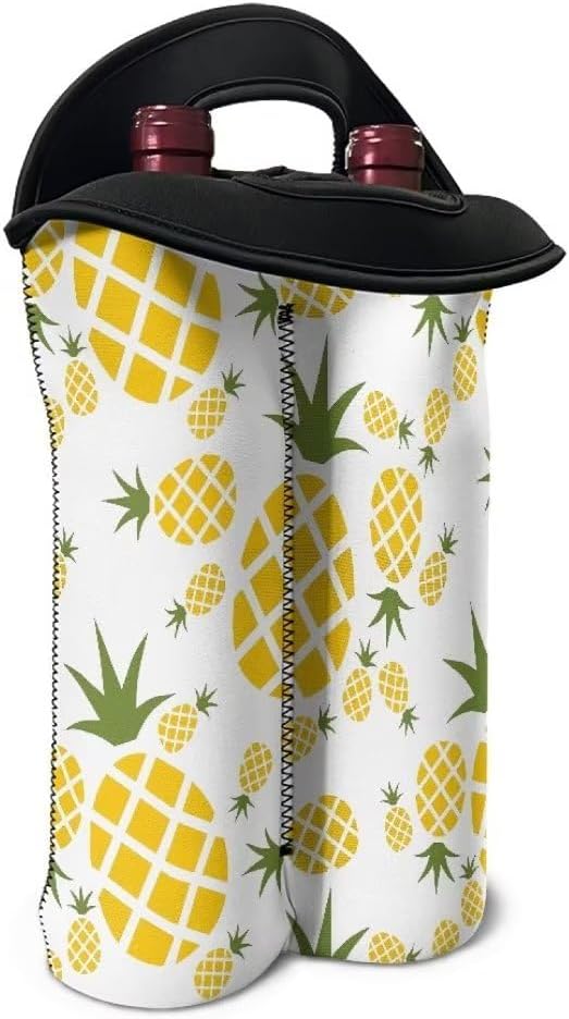 doginthehole Pineapple Print Neoprene Wine Bag Two Bottle Wine Gift Tote Bags Wine Carry Holder 750ML Portable Water Drinks Beer Insulated Bag for Travel, Picnic, Party