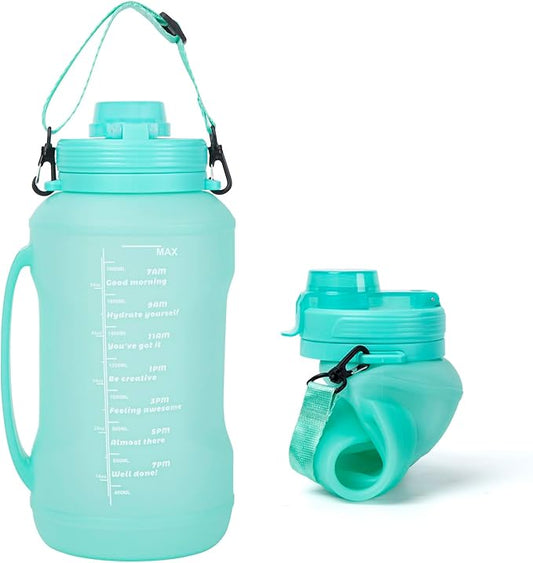Collapsible Water Bottles 64oz with Removable Straw, Odorless BPA-Free Silicone, Leak-Proof Foldable Reusable Bottle - Perfect for Cruise Travel Sports Gym Hiking Camping Cycling - Cyan