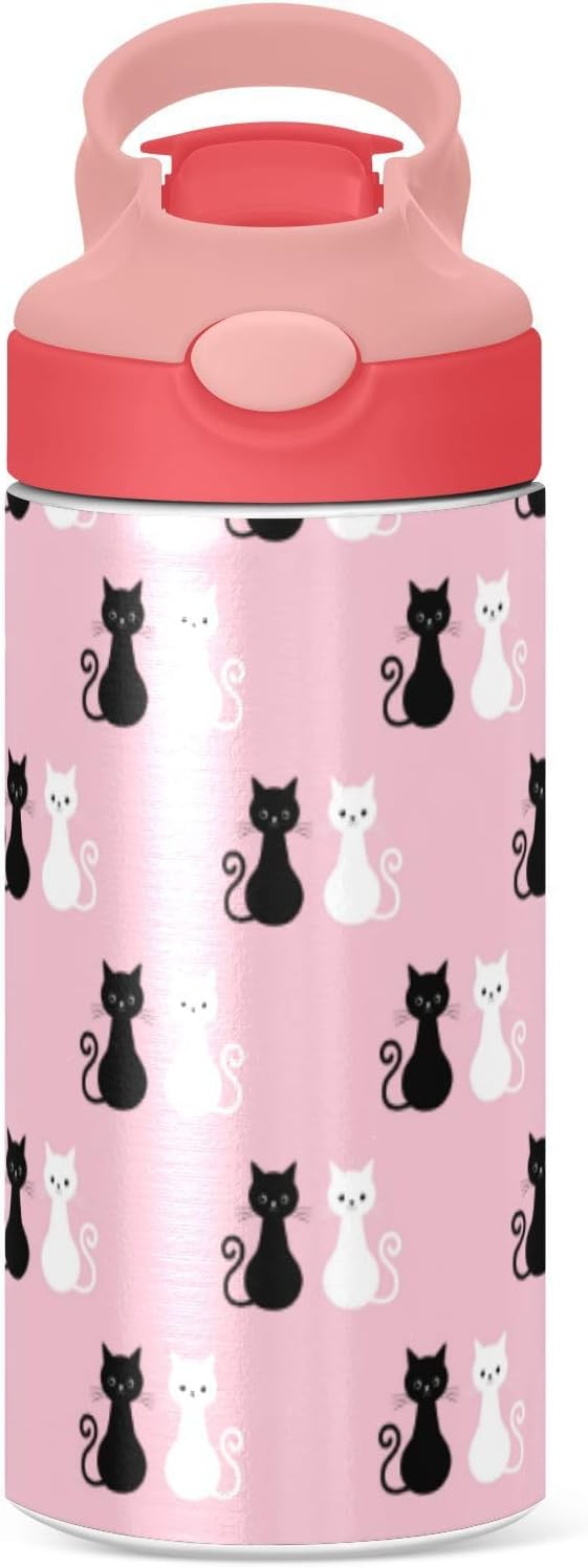 Black White Cat Kids Water Bottle with Straw Pink Insulated Stainless Steel BPA-Free Sport Bottles for Boys Girls Toddlers 12 oz Lid
