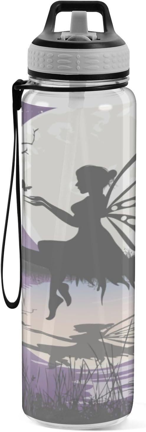 Kigai Beautiful Fairy Clear Water Bottle with Straw Lid, BPA-Free Leakproof Sport Water Bottle 32oz Large Gym Water Jug for Men Women Travel Fitness Outdoor