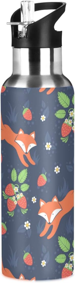 Blueangle 22 OZ Fox And Strawberry Water Bottle with Straw - BPA Free Leakproof Stainless Steel Water Bottle for Women Men Water Jug for Fitness Gym Outdoor Sport