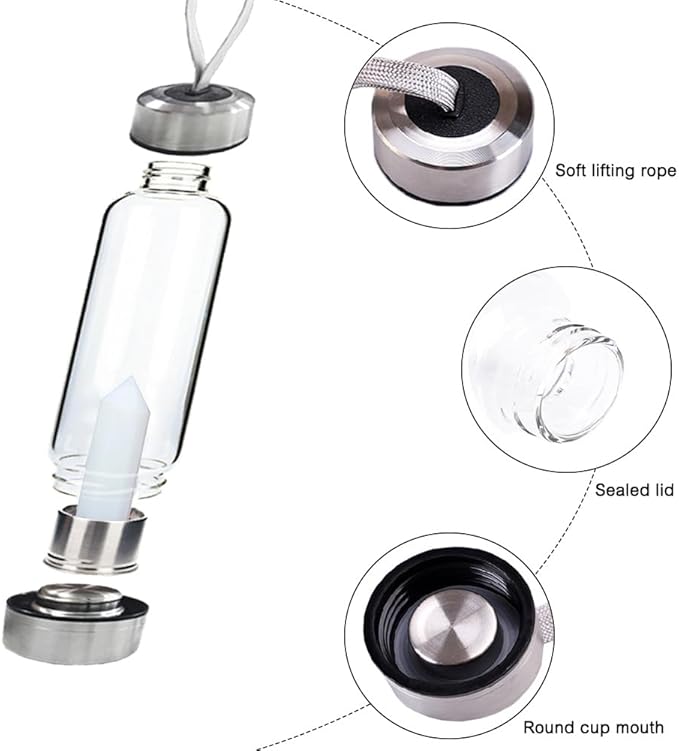 Crystal Glass Water Bottle,Water Bottle With Gemstone Center Crystal Elixir Bottle,Removable Gemstones Creative Water Cup Crystal Column Magic Wand Energy Cup for Gifts (M-Opal)