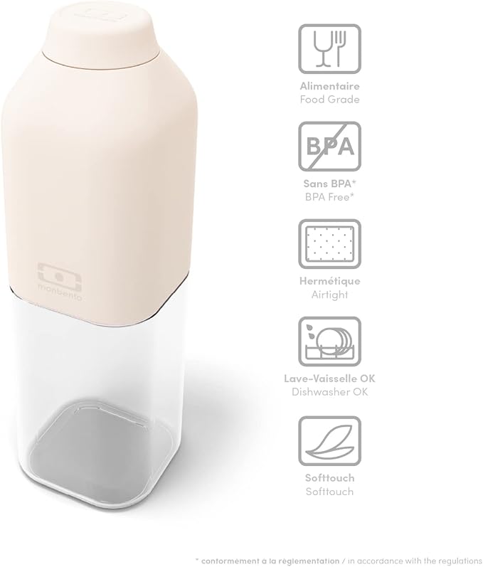 monbento - Clear Reusable Water Bottle MB Positive M Natural Cream - 17 floz/500 ml Water Bottle Perfect for Work, Travel, Sport, Picnic - Compact, Leakproof BPA Free Water Bottle - Beige