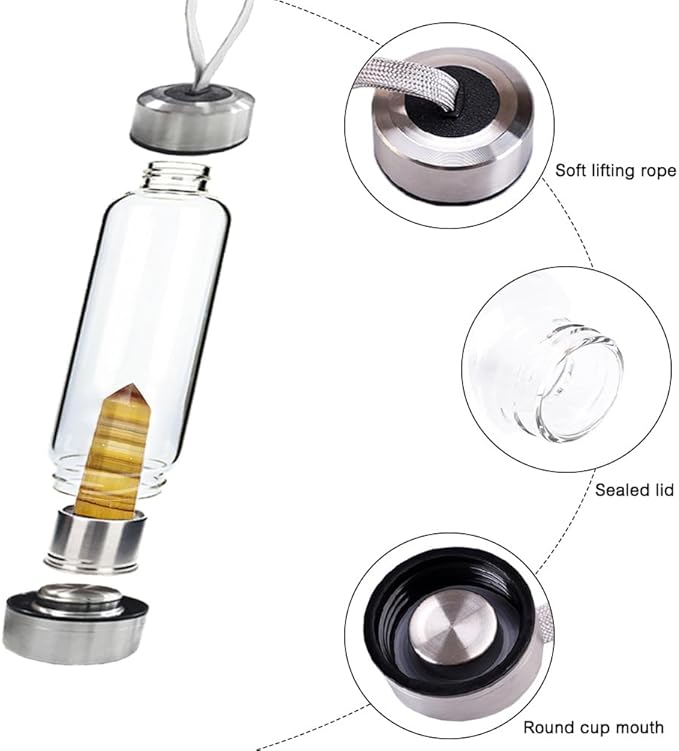 Crystal Glass Water Bottle,Water Bottle With Gemstone Center Crystal Elixir Bottle,Removable Gemstones Water Cup Crystal Column Magic Wand Energy Cup for Gifts (E-Yellow Fluorite)