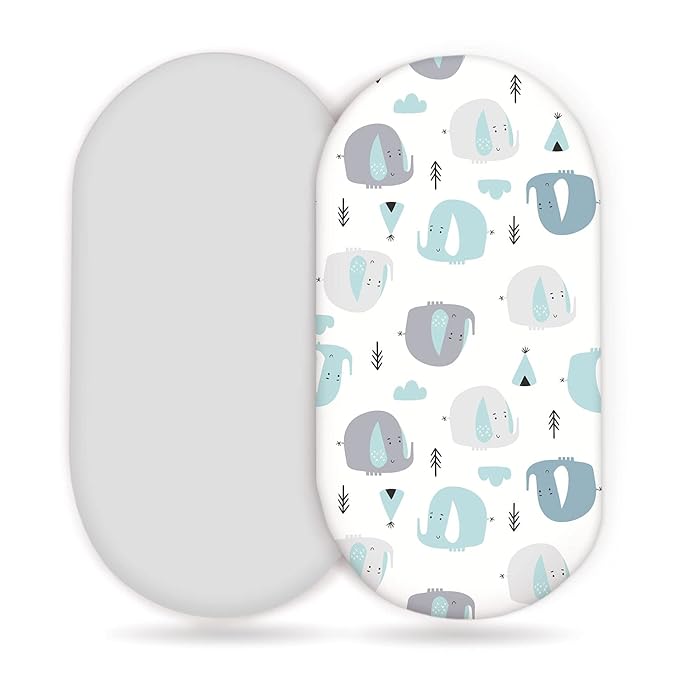 Stretchy Ultra Soft Fitted Bassinet Sheets 2 Pack, Universal Fitted Sheets for Rectangle, Oval, or Hourglass Bassinet Mattresses or Changing Pads, Cute Elephant Baby Sheets for Boy and Girl