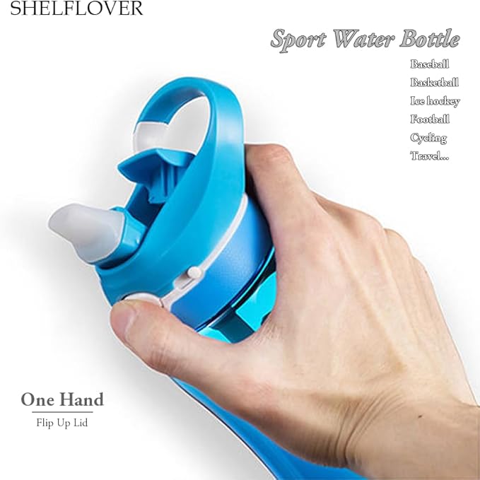 SHELFLOVER Light Blue Water Bottle With Narrow Straw, BPA FREE Clear Bottles With Handle One Hand Use Easy Carried, Flip Up, Suit School, Office, Gym, Office, 24oz (750ml), SLWB24OLB