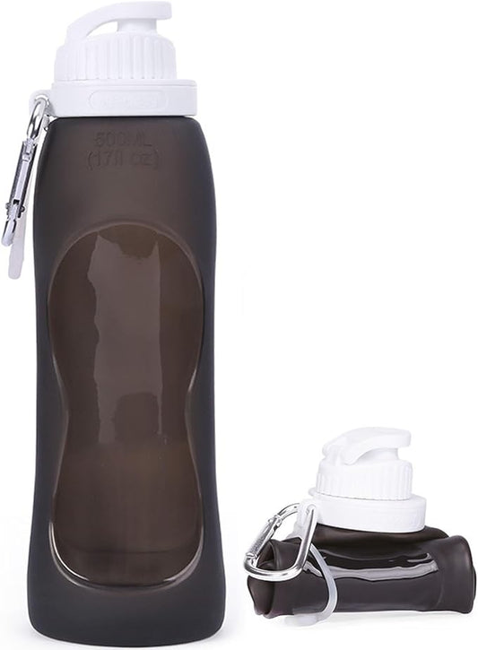 Wesoke Sport Collapsible Water Bottles Black, 500 ml/17oz Foldable Travel Water Bottle Cup, Lightweight Food Grade Silicone Reusable Leakproof Water Bottles with Carabiner for Gym Running Cycling