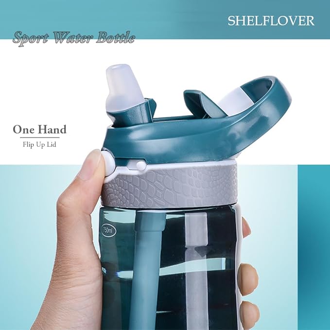 SHELFLOVER Dark Cyan Water Bottle With Narrow Straw, BPA FREE Clear Bottles With Handle One Hand Use Easy Carried, Flip Up, Suit School, Office, Gym, Office, 24oz (750ml)
