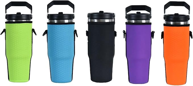 AF-WAN Neoprene Carrier Water Bottle Insulation Sleeve,Waterproof, Anti-Slip, Anti-Scratch Pouch with Shoulder Strap, Compatible With STANLEY IceFlow Stainless Steel Tumbler 30oz (Black)