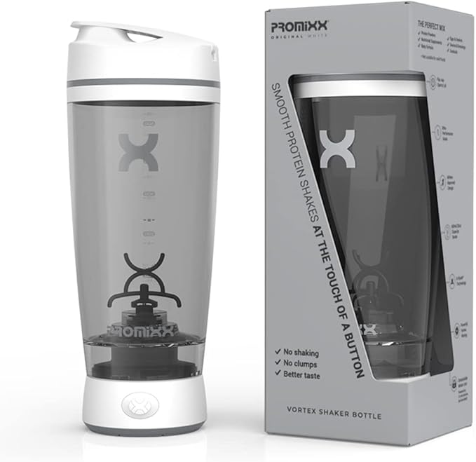 Promixx Original Shaker Bottle - Battery-powered for Smooth Protein Shakes - BPA Free, 20oz Cup (White)