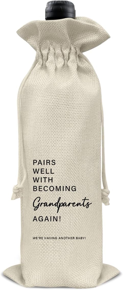 Pregnancy Announcement Wine Bag, Second Baby Announcements Gifts for Grandma Grandpa, Baby Reveal Gift, Pregnant Again, Becoming Grandparents Again Wine Gift Bag