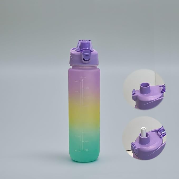 DEARART 32oz Water Bottle With Motivational and Time Marker, BPA FREE Quick Drink No Straw, Easy Clean Suit Sports Office Gym School, Purple-Mix