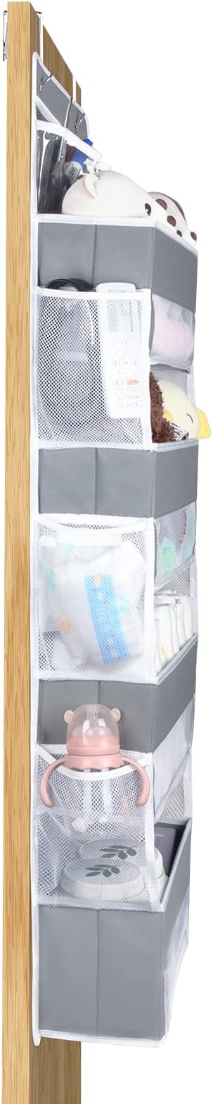 Univivi Over the Door Organizer, 5 Shelf Door Hanging Organizer Nursery Door Storage with 4 Large Compartments and 2 Small PVC Pockets 6 Side Pockets for Bathroom,Cosmetics and Nursery Baby Essential