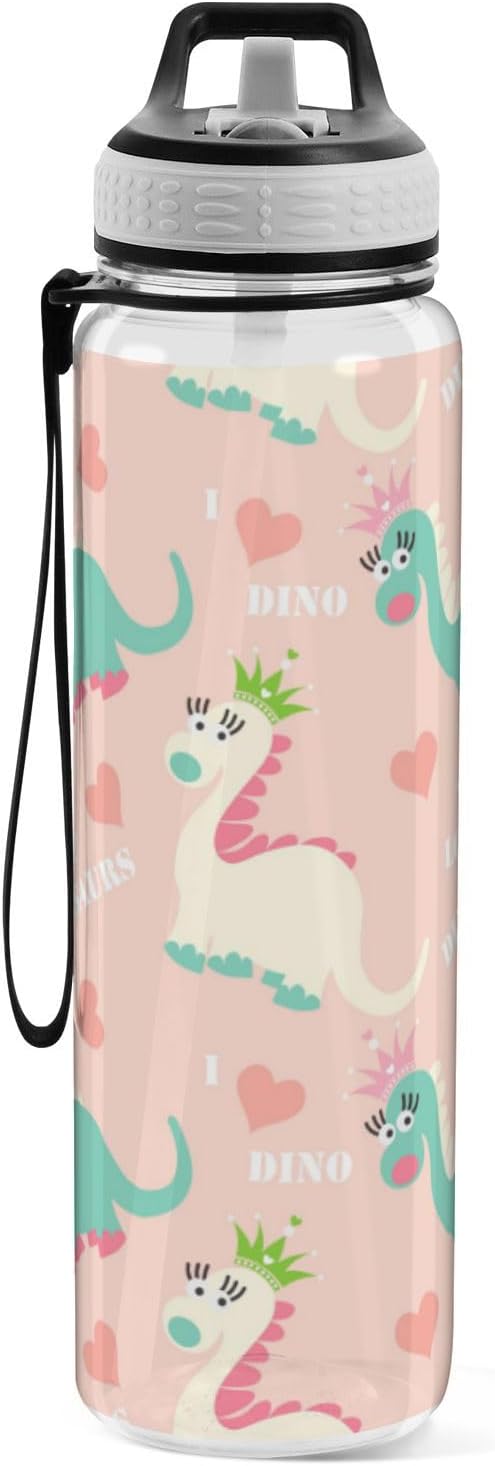 Water Bottle with Straw Kawaii Dinosaur Pink Sports Bottles BPA-Free Tritan Water Jug with Carrying Strap for Women Men Gym Outdoor Sports