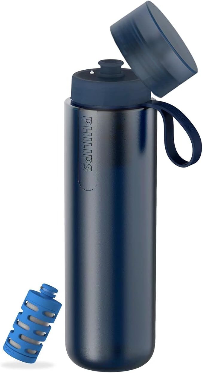 PHILIPS Water GoZero Active BPA-Free Water Bottle with Fitness Tap Water Filter, Sport Squeeze Water Bottle, Lightweight, 32 oz with Fitness Filter, Blue