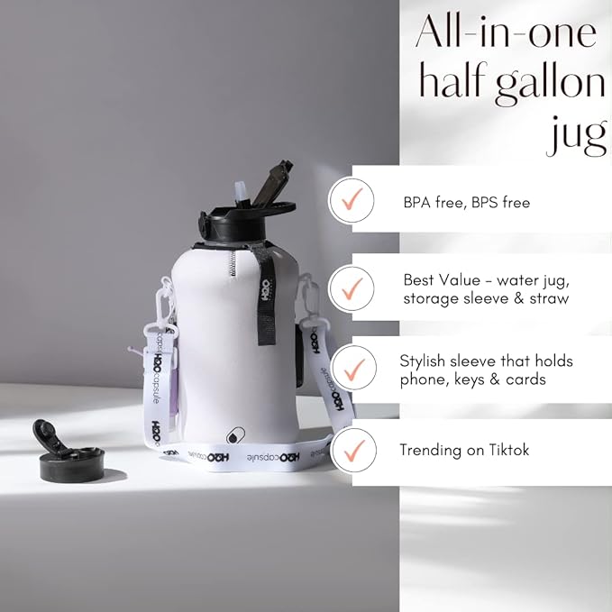 H2O Capsule 2.2L Half Gallon Water Bottle with Storage Sleeve and Covered Straw Lid – BPA Free Large Reusable Drink Container with Handle - Big Sports Jug, 2.2 Liter (74 Ounce)