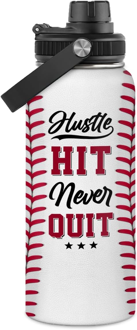 SANDJEST Baseball Water Bottle 32oz Hustle Hit Never Quit Stainless Steel Insulated Bottles for Men Women Sports Lovers Baseball Fan Players Coach Baseball Gifts for Birthday Christmas