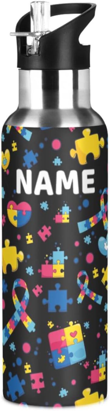 Stainless Steel Water Bottle with Straw Lid - 20 Oz Sports Insulated Water Bottle Thermos for Sport Gym Outdoor Travel School (Autism custom made)