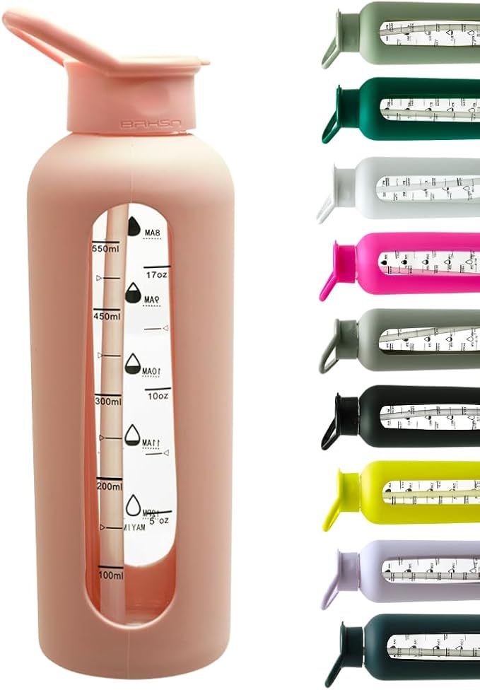 Mayim 24 Oz Glass Tumbler with Straw and Handle, Reusable Motivational Glass Water Bottle with Silicone Sleeve and Time Marker, Leak Proof Borosilicate Water Bottle -Blush