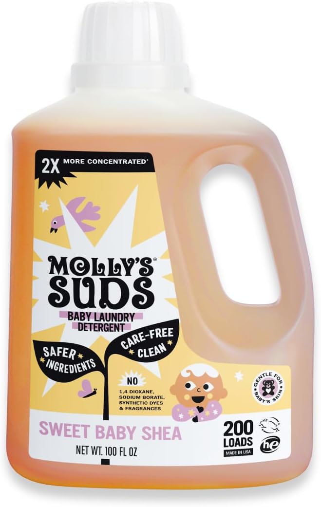 Molly's Suds Baby Liquid Laundry Detergent | Removes Formula, Poop & Spit-Up Stains | Extra Gentle for Infants, Babies, Toddlers (Sweet Baby Shea, 200 Loads)