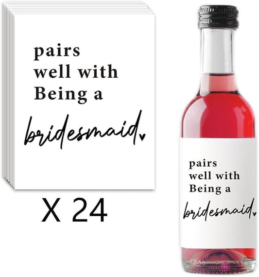 24Pcs Bridesmaid Mini Wine Labels, Bridesmaid Maid of Honor Proposal Gifts Bridal Shower Gifts, Will You Be My Bridesmaid Wine Bottle Stickers, Pairs Well with being