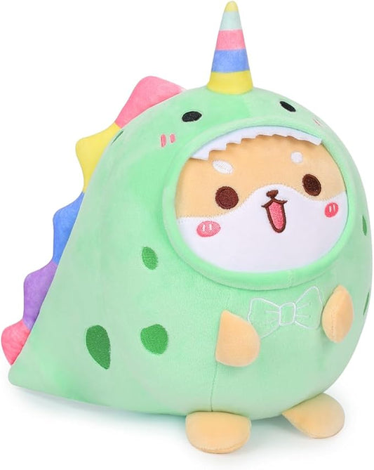 Cute Plush Shiba Inu Dinosaur Stuffed Animal Pillow, 8" Soft Kawaii Akita Plushie with Dinosaur Outfit Gift for Kids