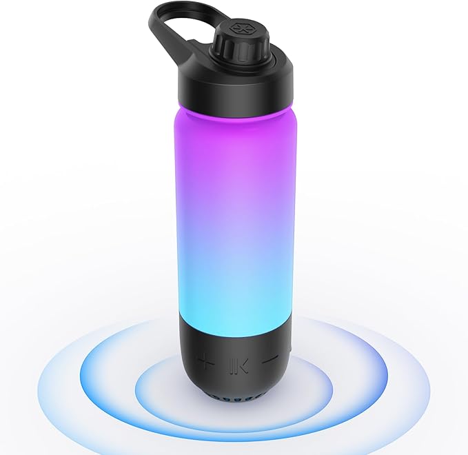 ICEWATER 3-in-1 Smart Water Bottle, Glows to Remind You to Keep Hydrated, Bluetooth Speaker & Dancing Lights, Plastic Water Bottle With Chug Lid, Great Birthday Gift (20 oz, Black)