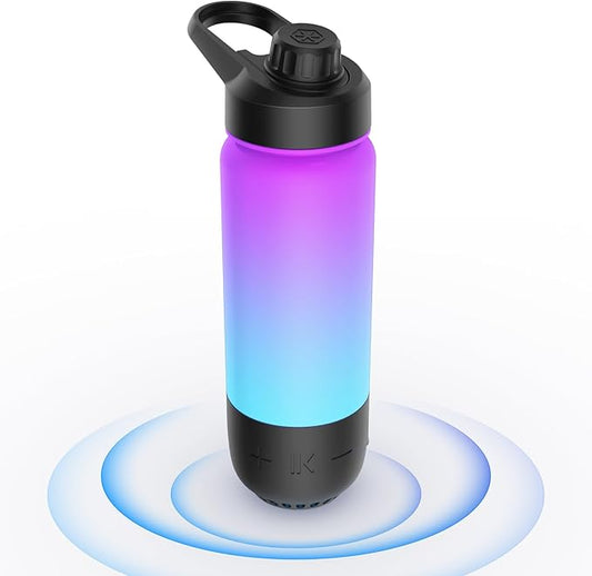 ICEWATER 3-in-1 Smart Water Bottle, Glows to Remind You to Keep Hydrated, Bluetooth Speaker & Dancing Lights, Plastic Water Bottle With Chug Lid, Great Birthday Gift (20 oz, Black)