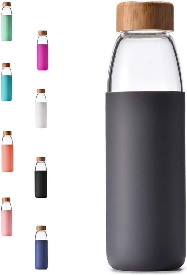 veegoal Glass Water Bottles 18 Oz Borosilicate with Bamboo Lid, BPA-FREE, Non-Slip Silicone Sleeve, and Stainless Steel Leak Proof Lid - Glass Water Bottle for Men and Women