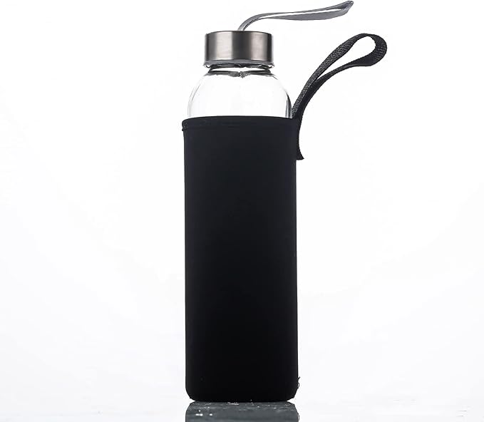 SureSave Glass Water Bottles with Stainless Steel Lids and Sleeves | 18 Oz Reusable Glass Bottles with Carrying Loop for Eco-Friendly Travel Drinks and Beverages (6 Pack)