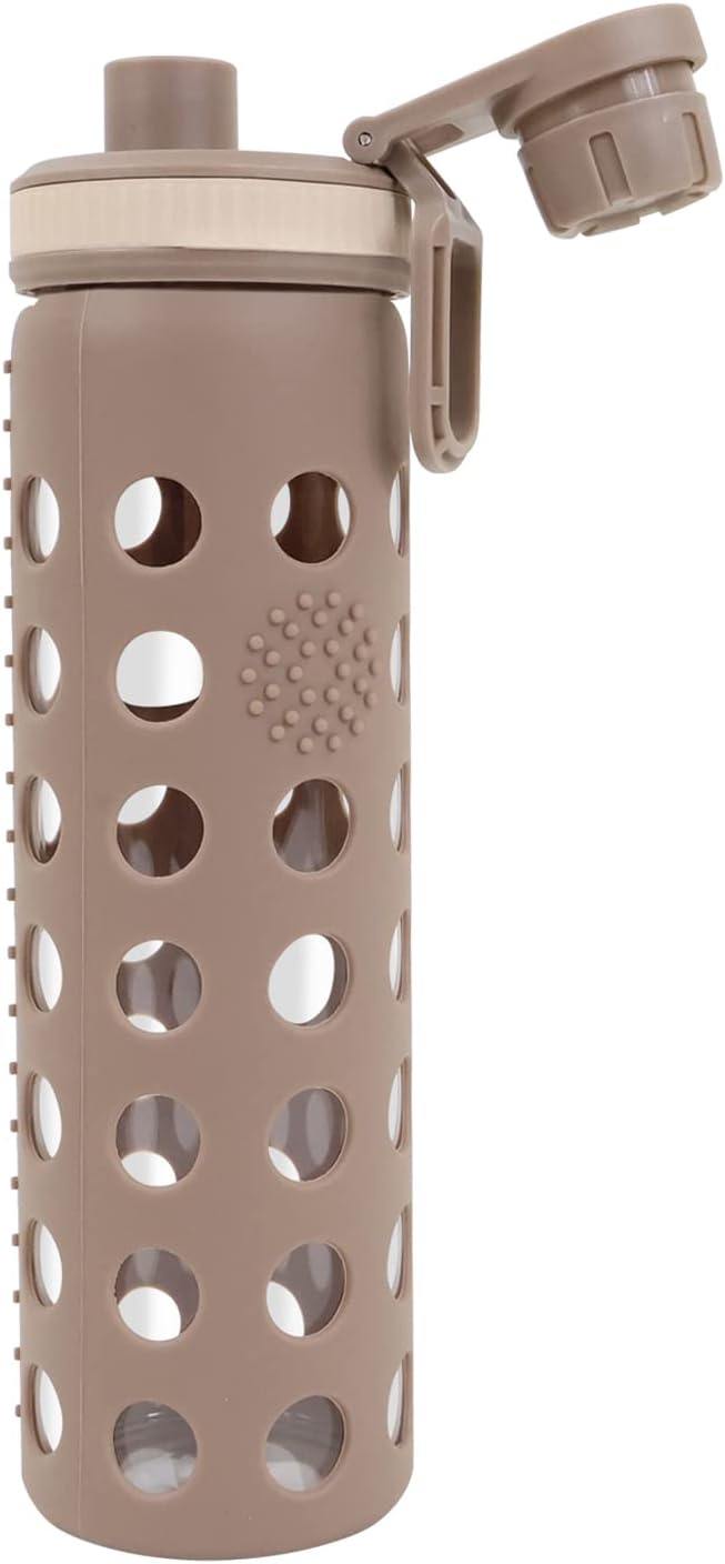 Modern-Depo 20oz Clear Glass Water Bottles Extra Lid Odor Proof and Stain Resistant Wide Mouth Reusable Fitness Sports Bottle with Sleeve, Motivational Water Jug, Smoking