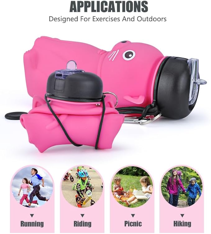 Collapsible Silicone cat Water Bottle with Carabiner |500ml(16.9 oz) | for Girls in the School, Hiking, Backpacking, Camping, Work out Sports | BPA Free(kawaii & cute Rose red cat)